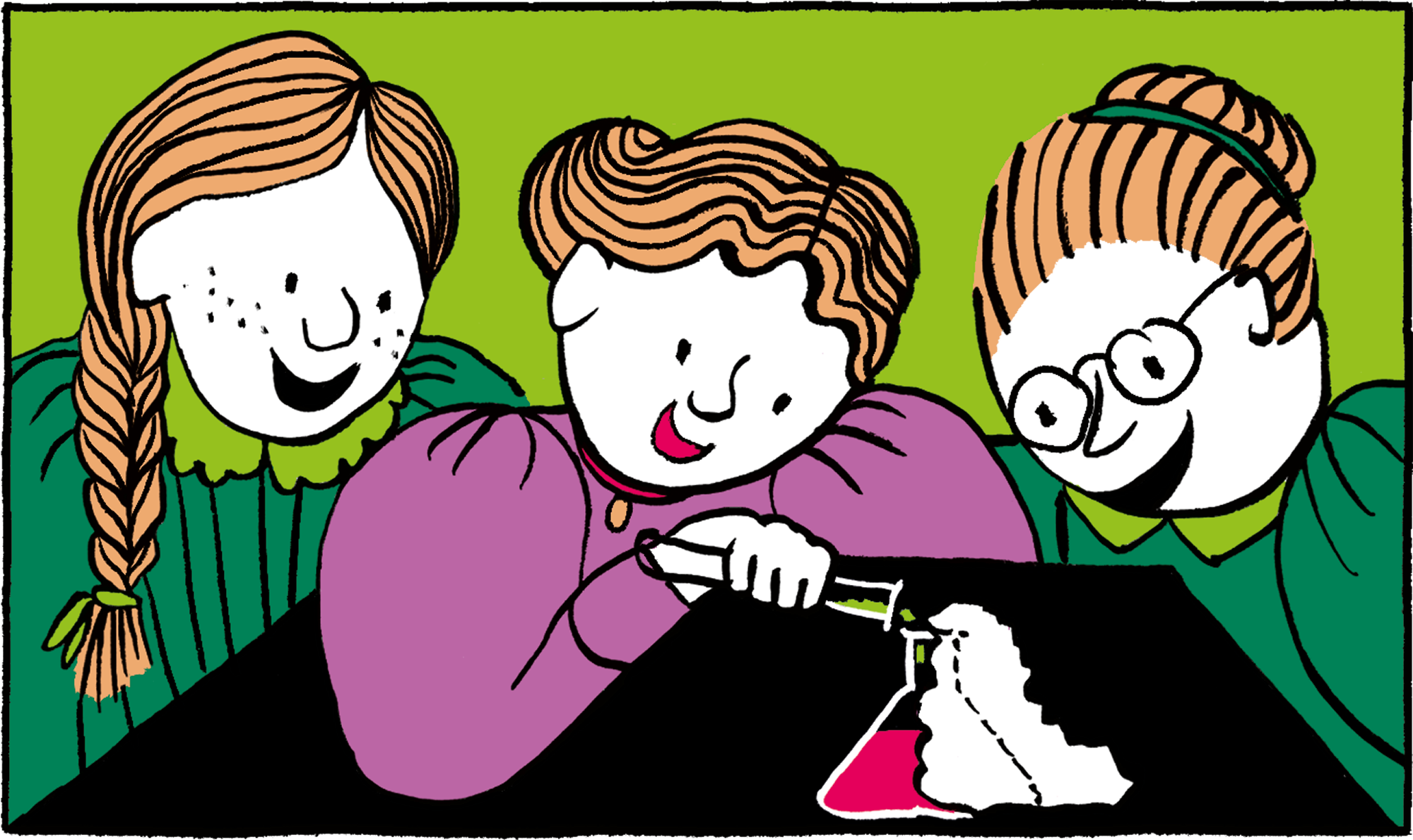 Illustration of three school girls performing a chemistry experiment